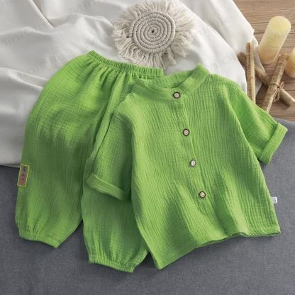 Toddler Crinkled Cotton Mandarin Collar Shirt and Pants 2-piece Set - Green - 8-9T - image 4
