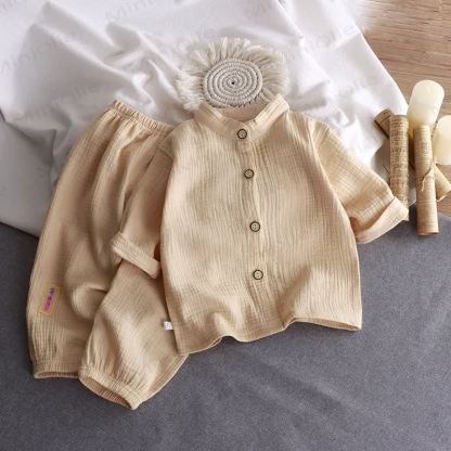 Toddler Crinkled Cotton Mandarin Collar Shirt and Pants 2-piece Set - Khaki - 8-9T - image 3