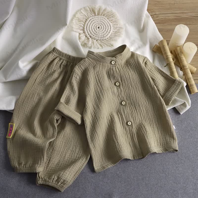 Toddler Crinkled Cotton Mandarin Collar Shirt and Pants 2-piece Set - Grey - 8-9T - image 5