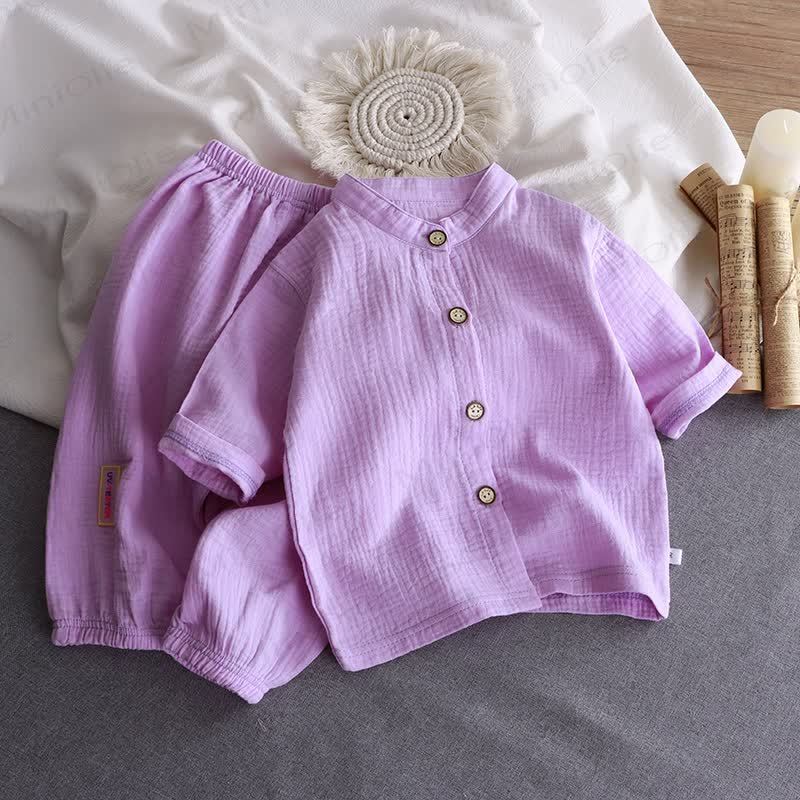 Toddler Crinkled Cotton Mandarin Collar Shirt and Pants 2-piece Set - Purple - 8-9T - image 7