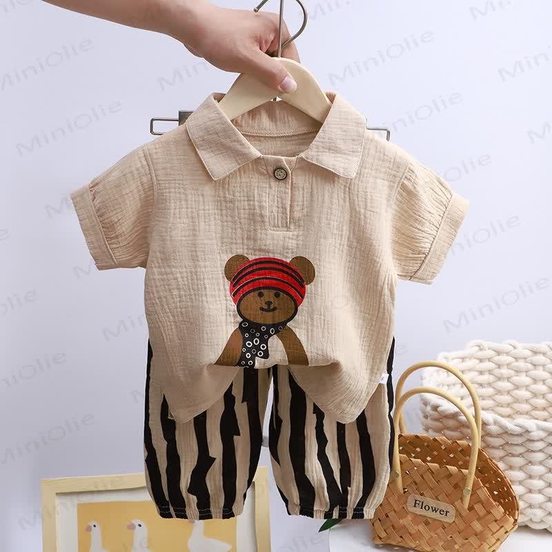 Toddler Crinkled Cotton Mandarin Collar Shirt and Pants 2-piece Set - Khaki Bear - 8-9T - image 8