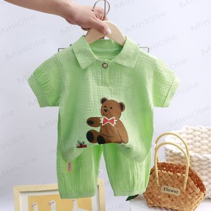 Toddler Crinkled Cotton Mandarin Collar Shirt and Pants 2-piece Set - Green Bear - 8-9T - image 9