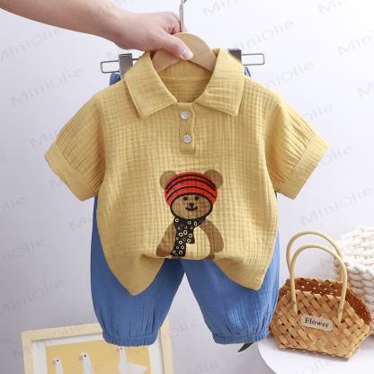 Toddler Crinkled Cotton Mandarin Collar Shirt and Pants 2-piece Set - Yellow Bear - 8-9T - image 10