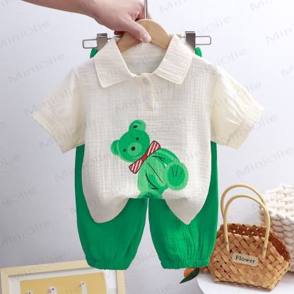 Toddler Crinkled Cotton Mandarin Collar Shirt and Pants 2-piece Set - Beige - 8-9T - image 11