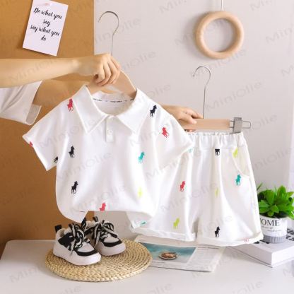 Toddler Boys Pony Print Collared Polo Short Set - White - 4-5T - image 1