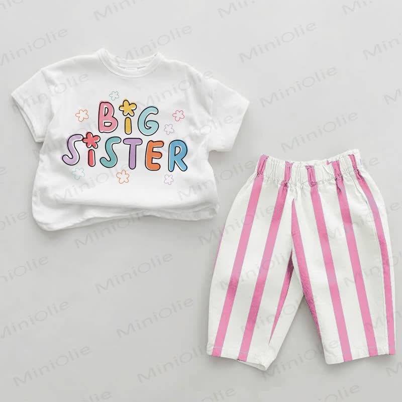 BIG SISTER Baby Girls Pink Vertical Striped 2-piece Set - White&Pink - 2-3T - image 1