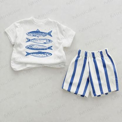 Baby Sardine Vertical Striped 2-piece Shorts Set - White&Blue - 2-3T - image 1