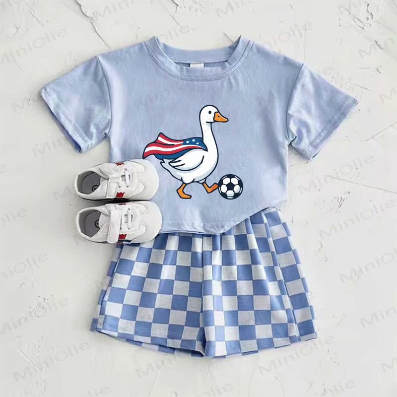 Baby Blue American Goose Print T-shirt and Plaid Pants 2-Piece Set - Blue - 2-3T - image 1