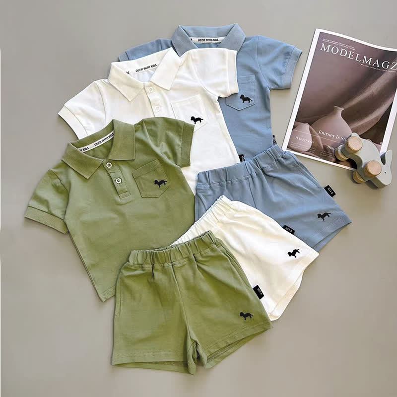 Baby Toddler Soft Puppy Print Polo Shirt and Shorts 2-piece Set - image 1