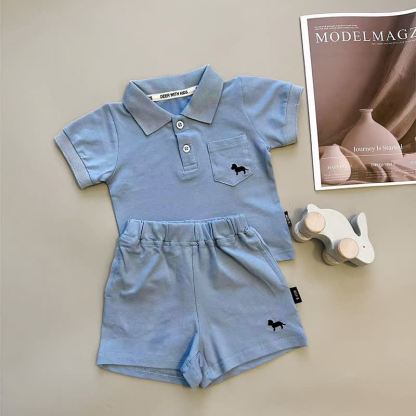 Baby Toddler Soft Puppy Print Polo Shirt and Shorts 2-piece Set - Blue - 4-5T - image 2