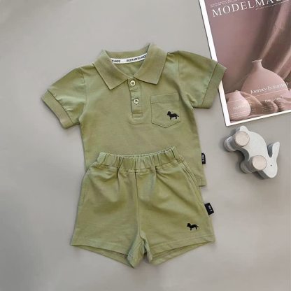 Baby Toddler Soft Puppy Print Polo Shirt and Shorts 2-piece Set - Green - 4-5T - image 3