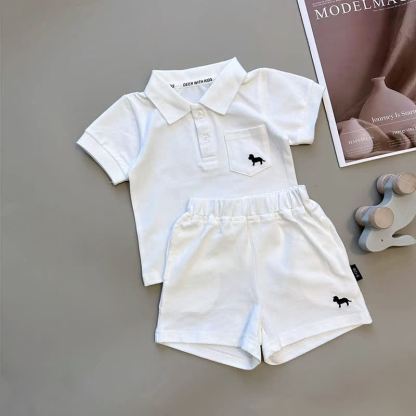 Baby Toddler Soft Puppy Print Polo Shirt and Shorts 2-piece Set - White - 4-5T - image 4