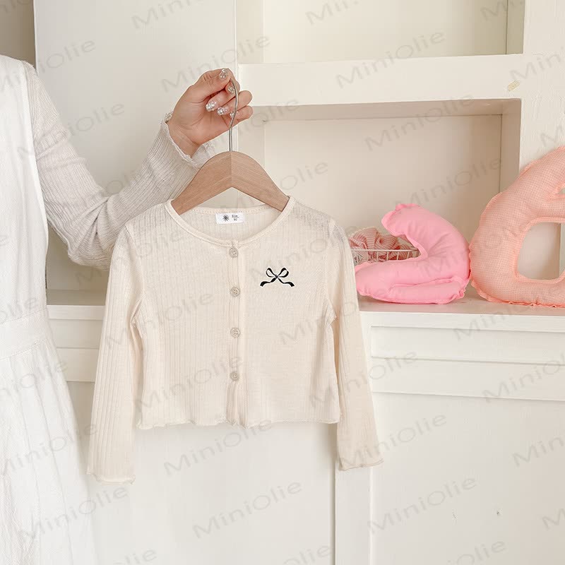 Toddler Girl Bow Embroidered Rib Knit Cardigan - Beige - 8-9T - image 8