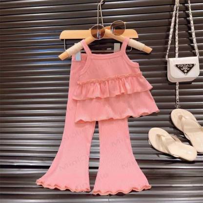 Toddler Girl Solid Color Ribbed Ruffle Cami Top and Pants 2-piece Set - Pink - 8-9T - image 2