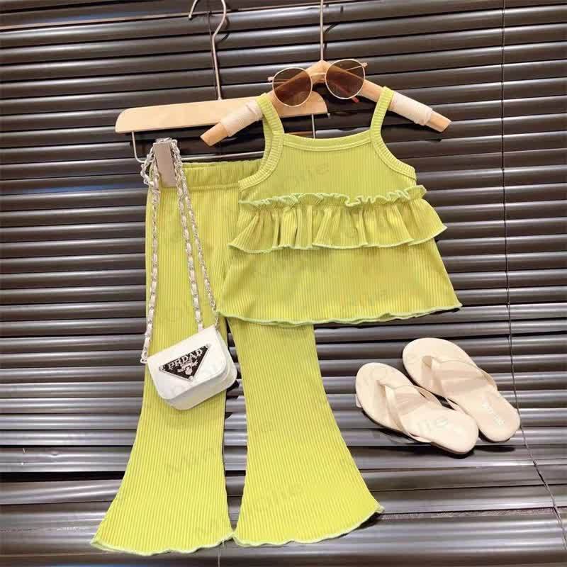 Toddler Girl Solid Color Ribbed Ruffle Cami Top and Pants 2-piece Set - Green - 8-9T - image 3