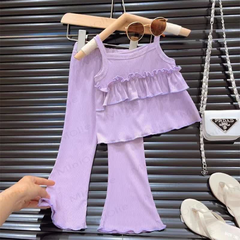 Toddler Girl Solid Color Ribbed Ruffle Cami Top and Pants 2-piece Set - Purple - 8-9T - image 4
