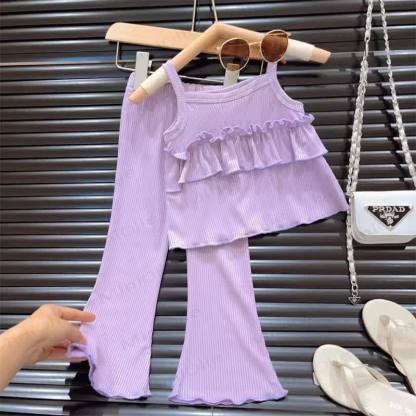 Toddler Girl Solid Color Ribbed Ruffle Cami Top and Pants 2-piece Set - Purple - 8-9T - image 4