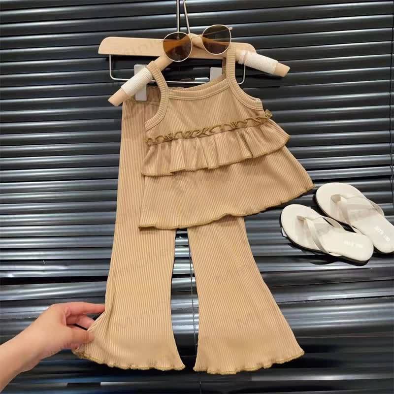 Toddler Girl Solid Color Ribbed Ruffle Cami Top and Pants 2-piece Set - Brown - 8-9T - image 5