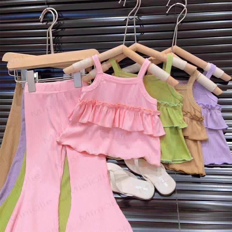 Toddler Girl Solid Color Ribbed Ruffle Cami Top and Pants 2-piece Set - image 6
