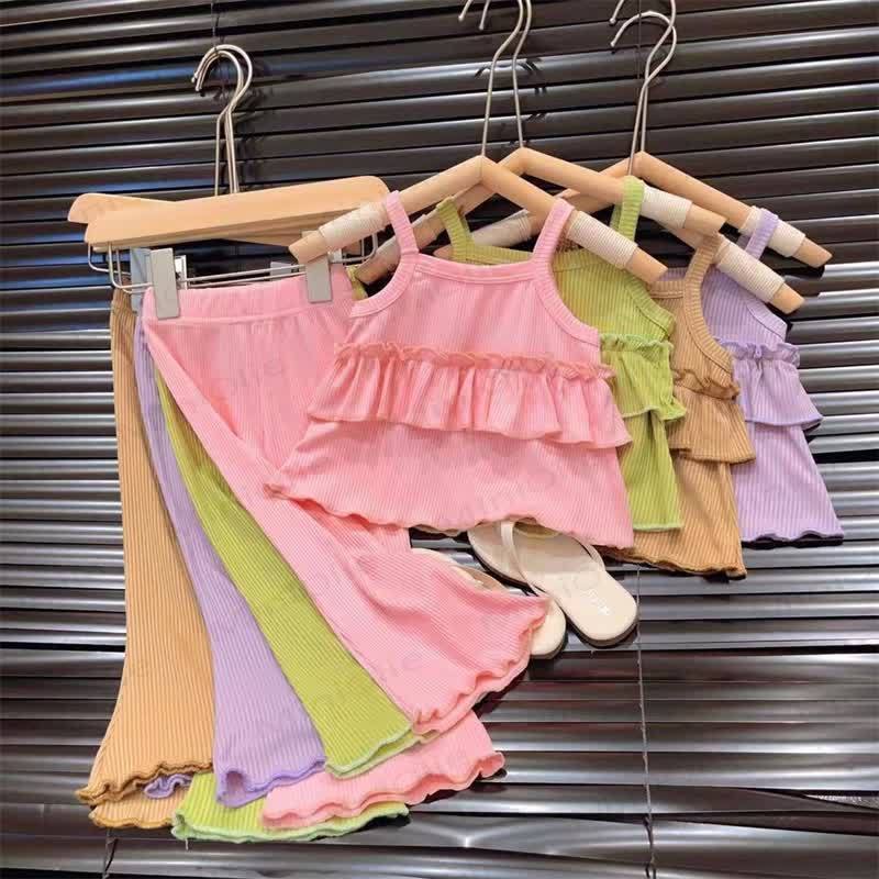 Toddler Girl Solid Color Ribbed Ruffle Cami Top and Pants 2-piece Set - image 8