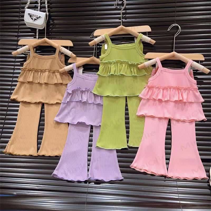 Toddler Girl Solid Color Ribbed Ruffle Cami Top and Pants 2-piece Set - image 1