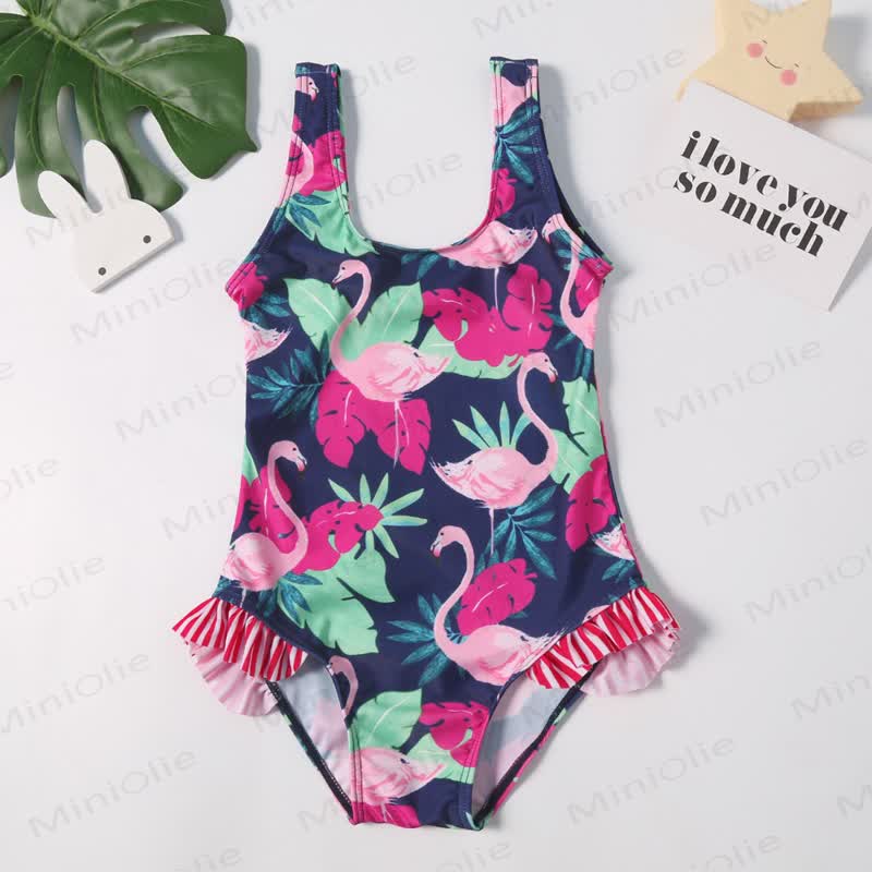 Toddler Girls Flamingo Ruffle Swim Romper - Black - 6-7T - image 2