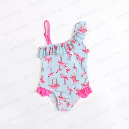 Toddler Girls Flamingo Ruffle Swim Romper - Blue - 6-7T - image 4