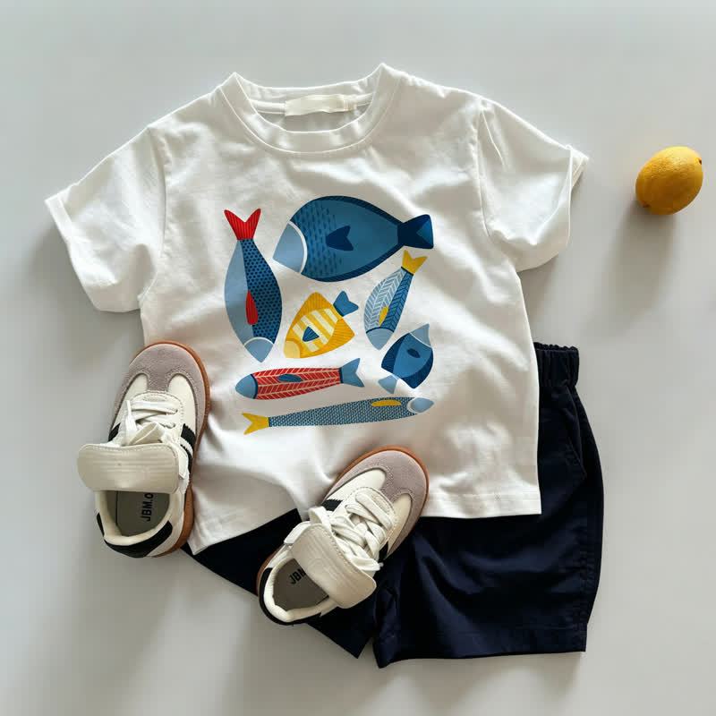 Baby Toddler Fish Print White Tee and Navy Shorts 2-piece Set - White&Navy - 3-5T - image 1