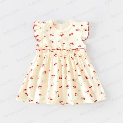 Toddler Baby Girl Beige Flutter Sleeve Dress - Beige Cherry - 6-7T - image 2