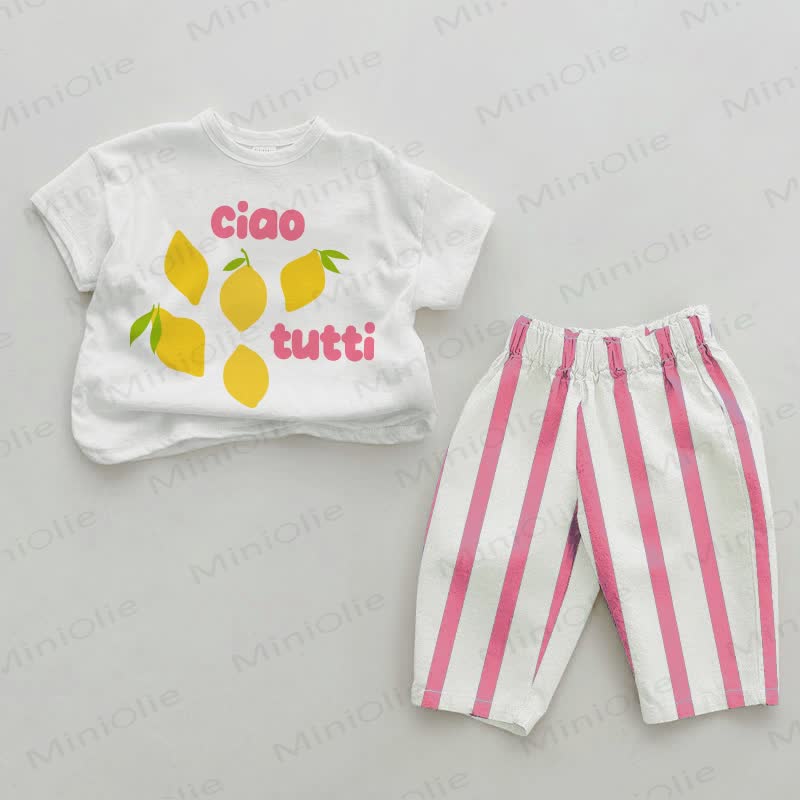 CIAO TUTTI Baby Flower Print Pink Vertical Striped 2-piece Set - White&Pink - 2-3T - image 1