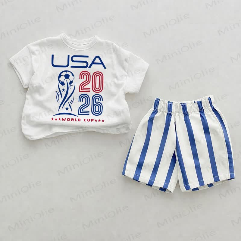 USA 2026 WORLD CUP Baby Tee and Striped Shorts 2-piece Set - White&Blue - 2-3T - image 1