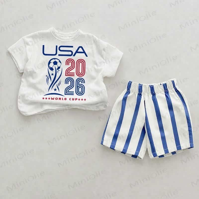 USA 2026 WORLD CUP Baby Tee and Striped Shorts 2-piece Set - White&Blue - 2-3T - image 1