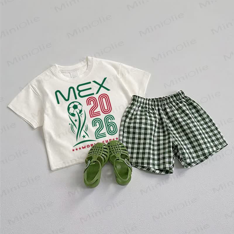 MEX 2026 WORL CUP Baby Tee and Green Plaid Shorts 2-Piece Set - White&Green - 3-5T - image 1