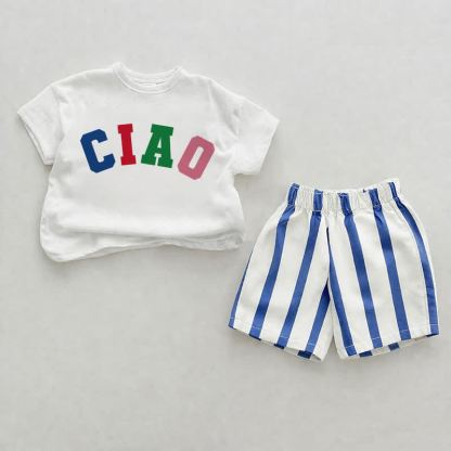 CIAO Baby Blue Slogan Vertical Striped 2-piece Shorts Set - White&Blue - 2-3T - image 1