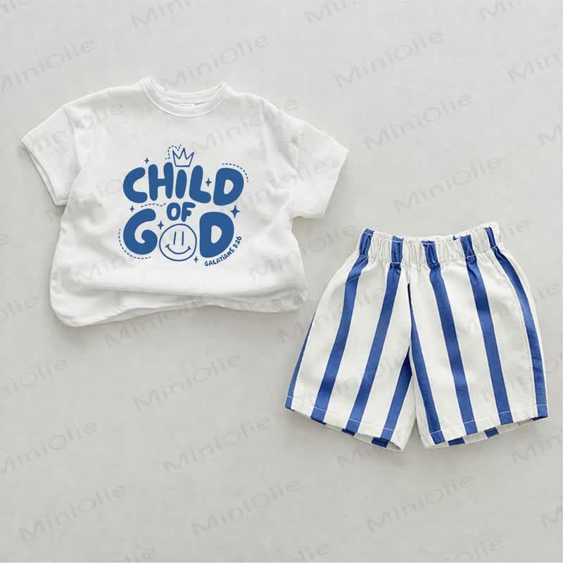 CHILD OF GOD Baby Slogan Blue Vertical Striped 2-piece Shorts Set - White&Blue - 2-3T - image 1