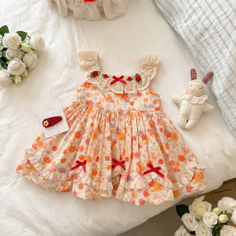 Toddler Baby Girl Orange Vintage Floral Lace Trim Dress - Orange - 6.5-8T - image 1