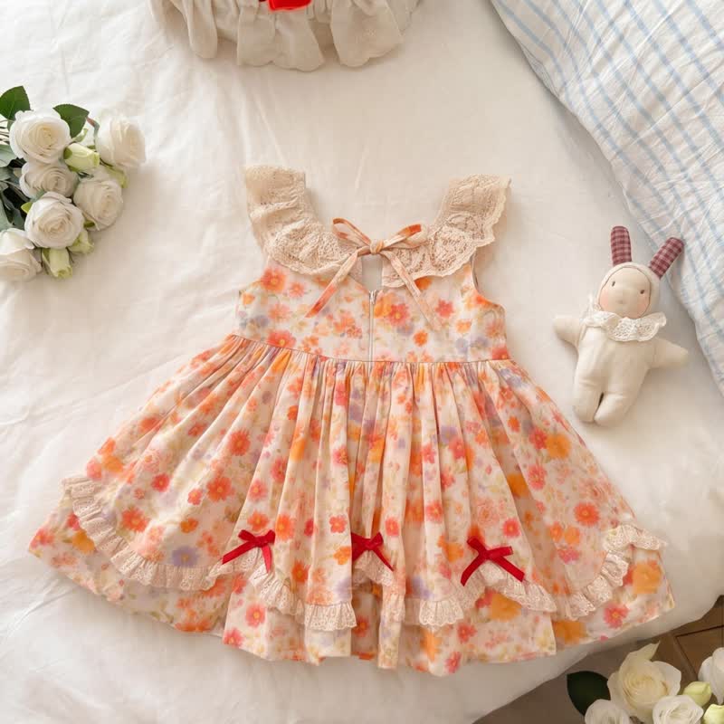 Toddler Baby Girl Orange Vintage Floral Lace Trim Dress - image 2