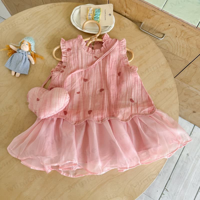 Toddler Baby Girl Pink Heart Ruffle Sleeveless Dress with Bag - Pink - 5-6.5T - image 1