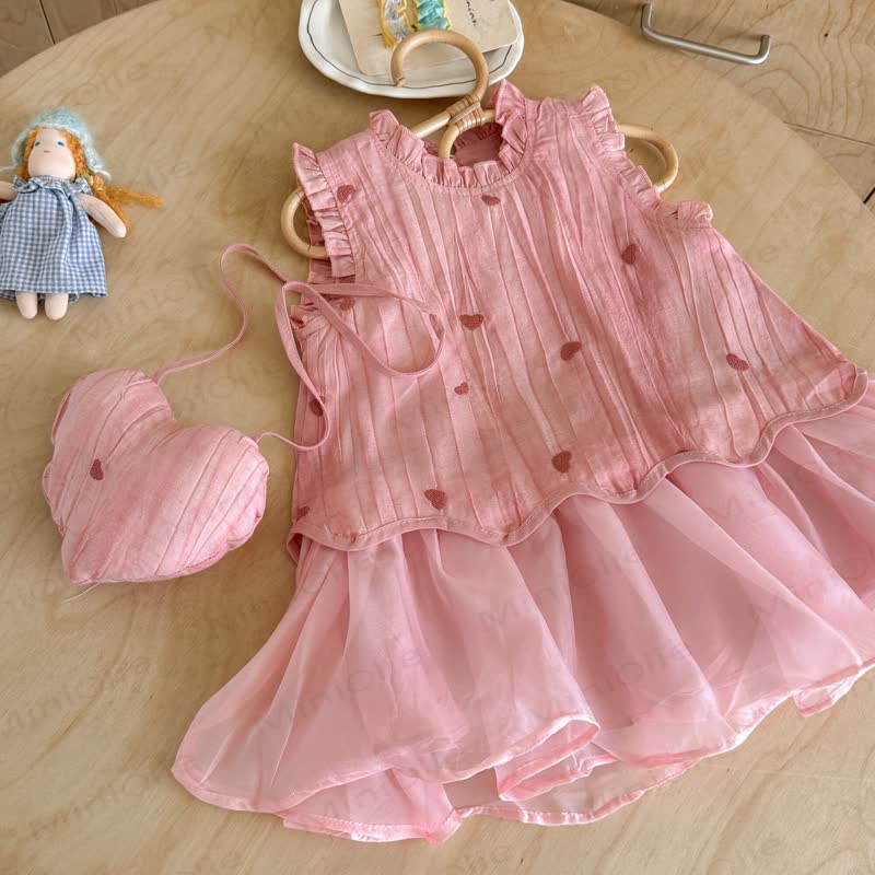 Toddler Baby Girl Pink Heart Ruffle Sleeveless Dress with Bag - image 2