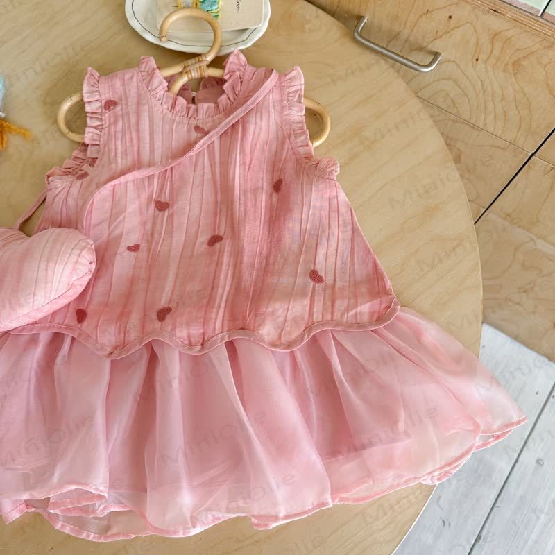 Toddler Baby Girl Pink Heart Ruffle Sleeveless Dress with Bag - image 3