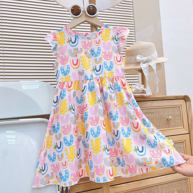 Toddler Baby Girl Flutter Sleeve Summer Dress - White Rainbow - 8-9T - image 3