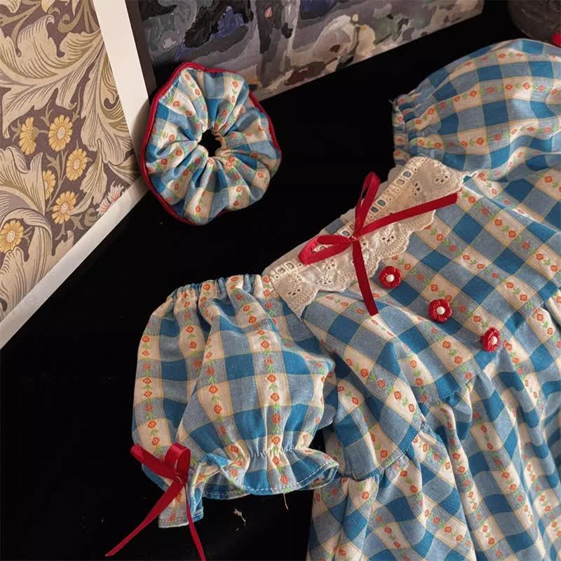 Toddler Girl Blue Gingham Floral Lace Dress - image 3