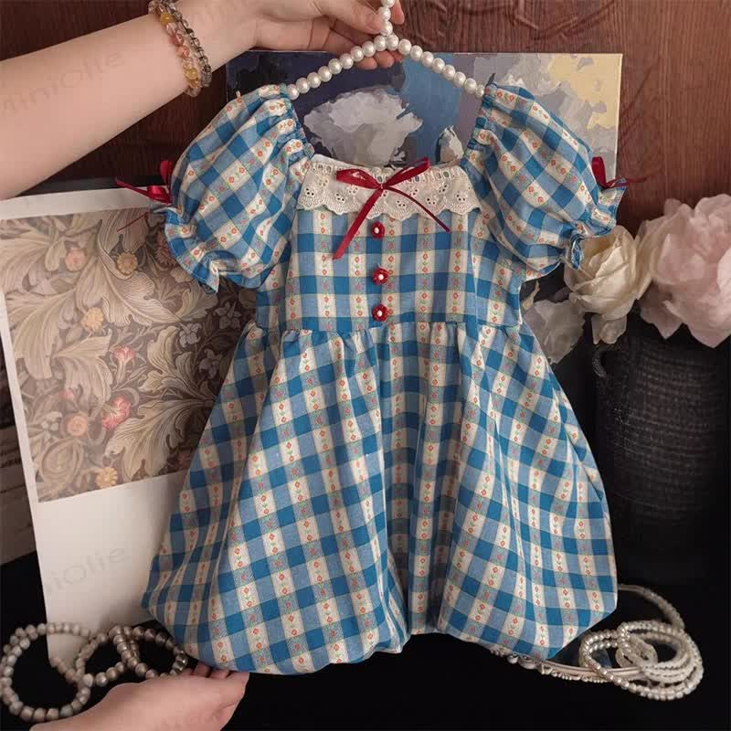 Toddler Girl Blue Gingham Floral Lace Dress - image 2