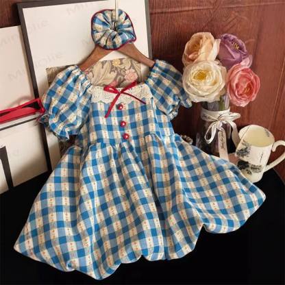Toddler Girl Blue Gingham Floral Lace Dress - Blue - 10-11T - image 1