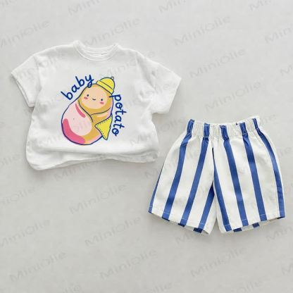 BABY POTATO Baby Potato Print Blue Vertical Striped 2-piece Shorts Set - White&Blue - 2-3T - image 1