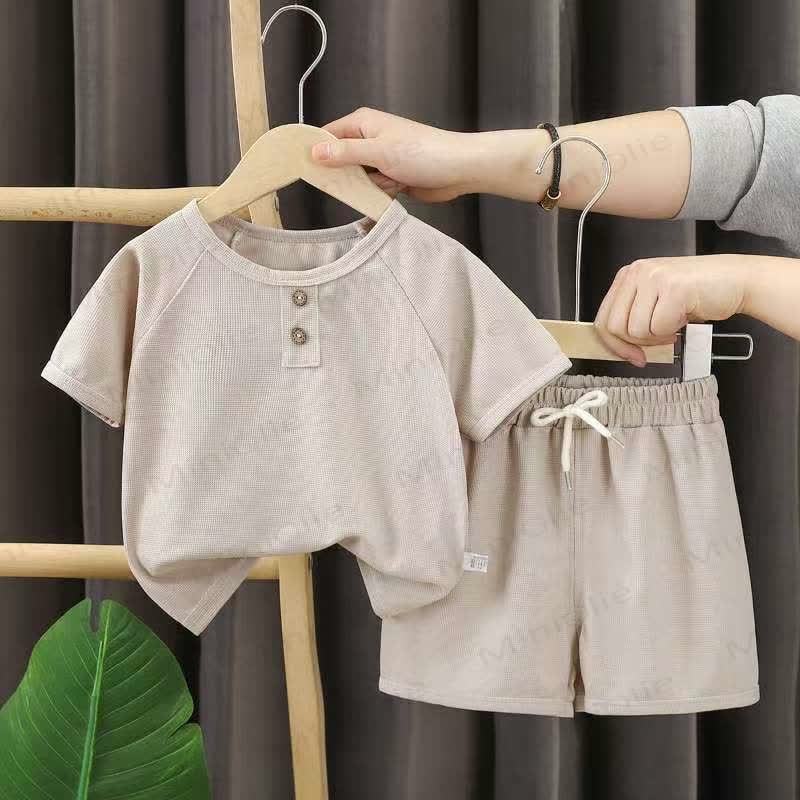 Toddler Solid Color Casual Short-Sleeve Set - Beige - 8-9T - image 3