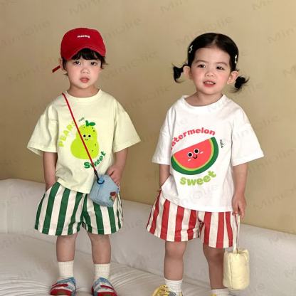 WATERMELON/PEARS CUTE SWEET Toddler Fruit Print Tee And Stripe Shorts Set - image 1