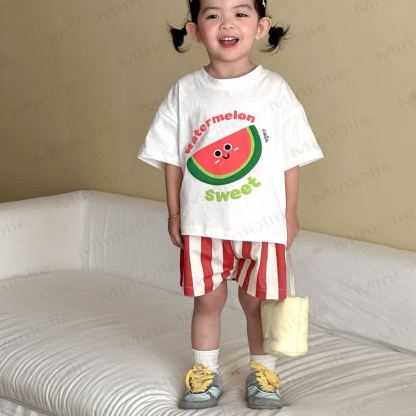 WATERMELON/PEARS CUTE SWEET Toddler Fruit Print Tee And Stripe Shorts Set - White - 9-10T - image 2