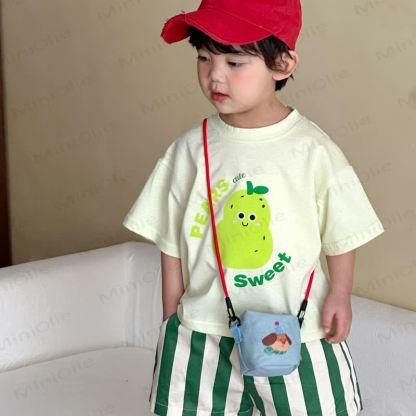 WATERMELON/PEARS CUTE SWEET Toddler Fruit Print Tee And Stripe Shorts Set - Green - 9-10T - image 3