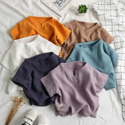 Toddler Solid Color Crinkle Texture Notch Neck T-Shirt - image 1